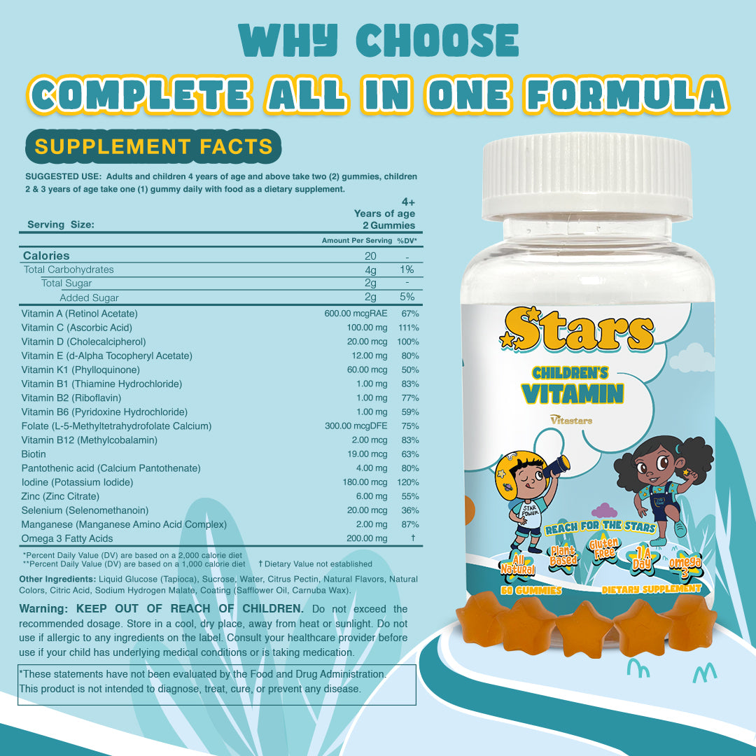 Nutrition facts for VitaStars Kids Growth & Gut Health Bundle – Daily Multivitamin Gummies + Prebiotic and Probiotic Gummies – Gluten Free Vegan, 2 Pack